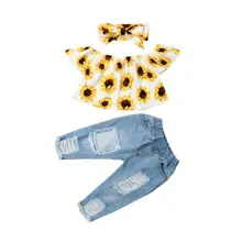 Эксклюзивная Одежда для девочек летняя одежда для маленьких девочек маечка с подсолнухами, джинсы+ штаны комплект из 3 предметов, летняя одежда