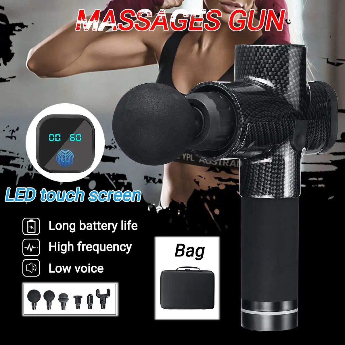 

24V 6 Head Modes LED Screen Fascia Muscle Massager Outdoor Sports Fitness Relax Vibrating Therapy Electric Massager with Bag