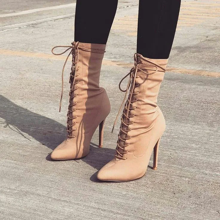 Sexy Pointed Toe Lace up Ankle Boots Women Suede Cut out Gladiator