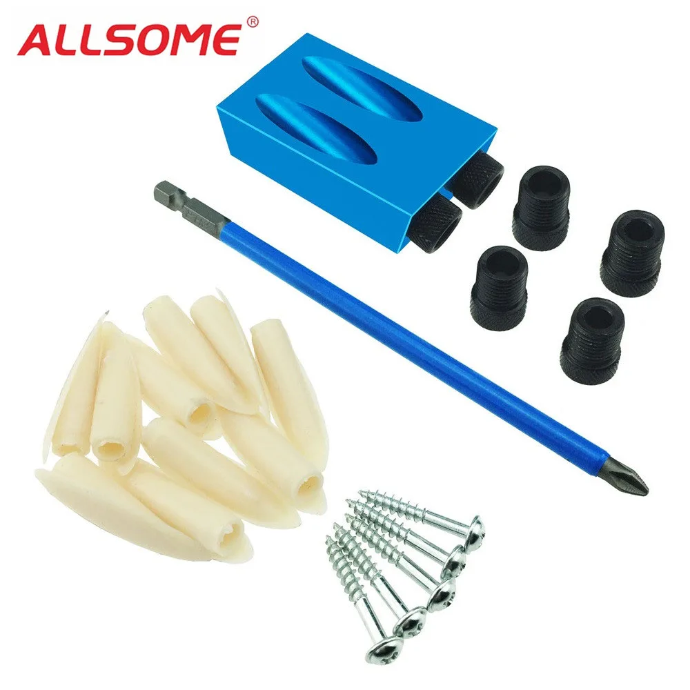 

ALLSOME Pocket Hole Jig Kit 6/8/10mm Drive Adapter for Woodworking Angle Drilling Holes Guide Dowel Jig Wood Tools HT1499