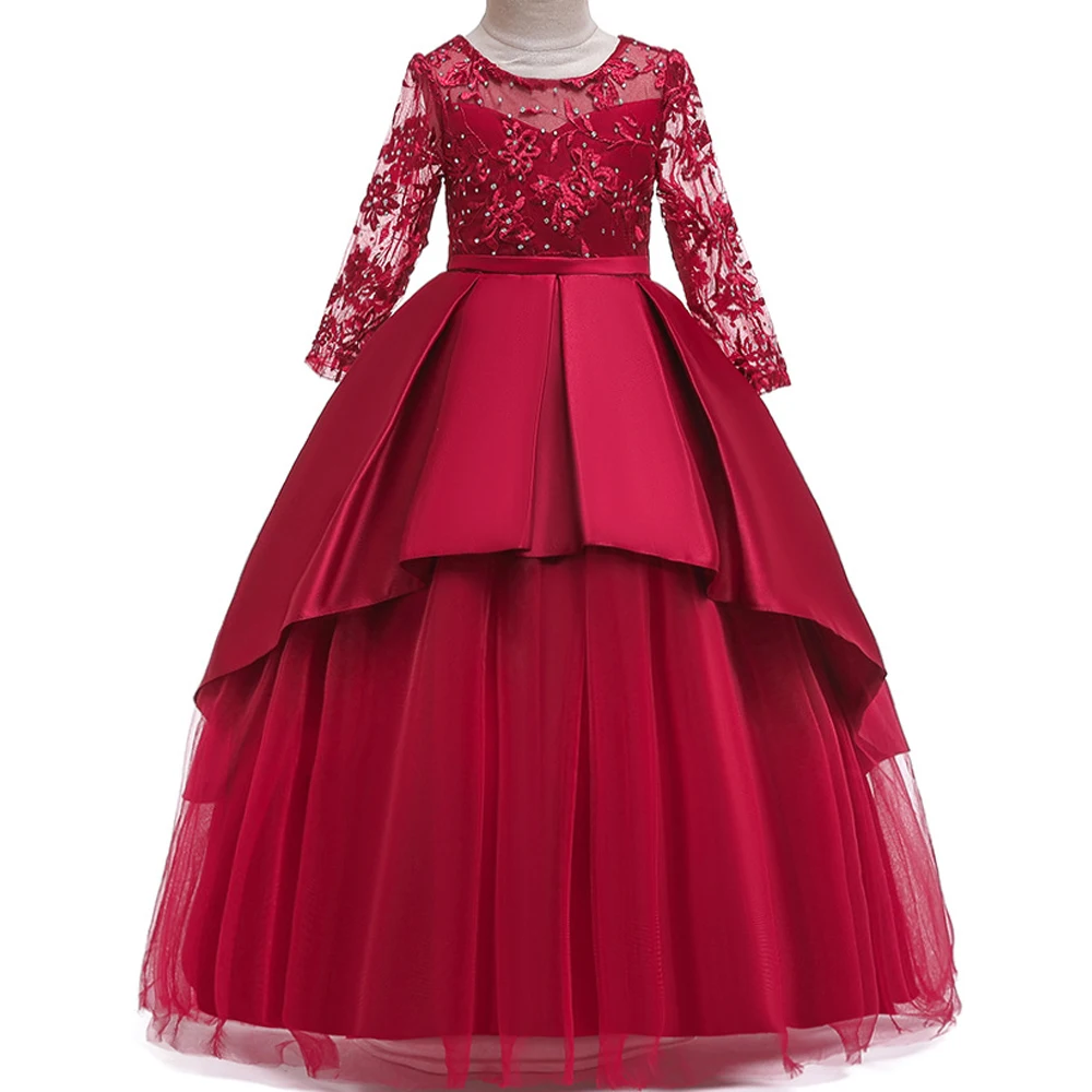 Детская одежда для девочек, длинное однотонное крестильное кружевное платье с цветочным рисунком вечерние пятно Бальные платья для выпускного вечера принцессы на свадьбу; летнее платье для девочек; детское платье для причастия 4-15Yrs