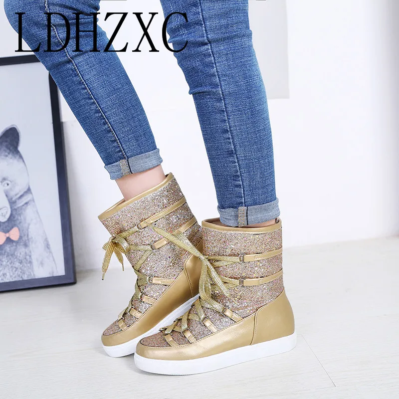 

LDHZXC Women Ankle Boots Pu Leather Fashion Winter Snow Boots Platform Round Toe Wedges Heel Women Boots Size 34-43