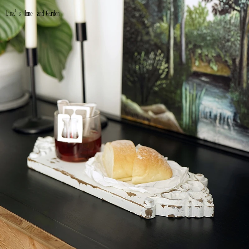 antique Chinese handmade pine shabby chic embossed white home decoration wooden tray (4)