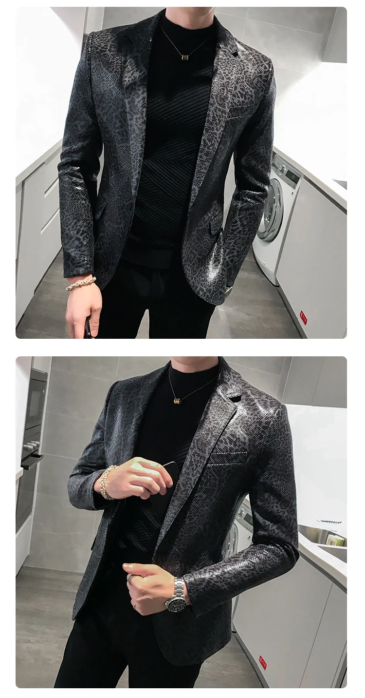 Autumn Leopard Print Mens Blazer Skin Suit Jacket Leather Stage Costumes For Singers Loose Coat Blaser Homens Terno Masculino