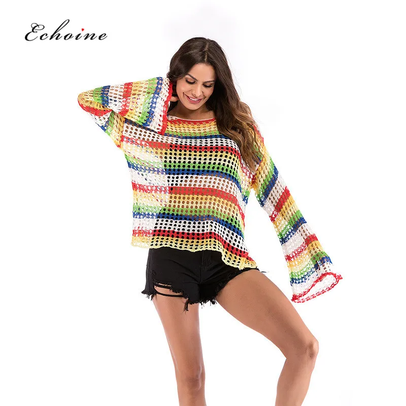 

Echoine Women Sexy Hollow Out Colorful Knit Sweater Cozy Fall Color Block Pullovers Casual Loose Tops Long Flare Sleeve Outfits