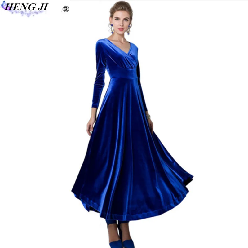 HENG JI Banquet golden velvet dress, slim, long sleeve, temperament,V collar, waist, pure color
