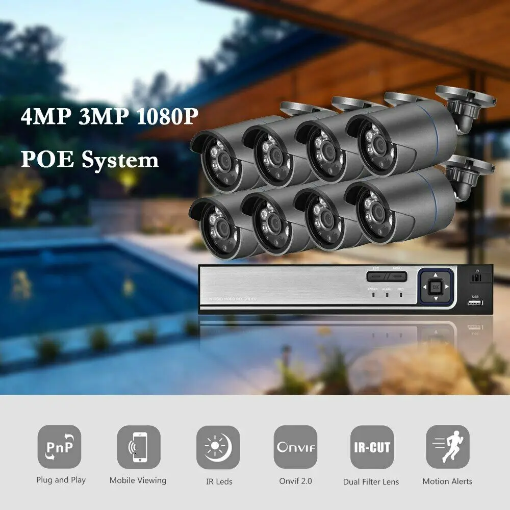 AZISHN H.265 8CH 4MP POE Security Camera System NVR Kit Audio Record IP Camera IR Outdoor IP66 CCTV