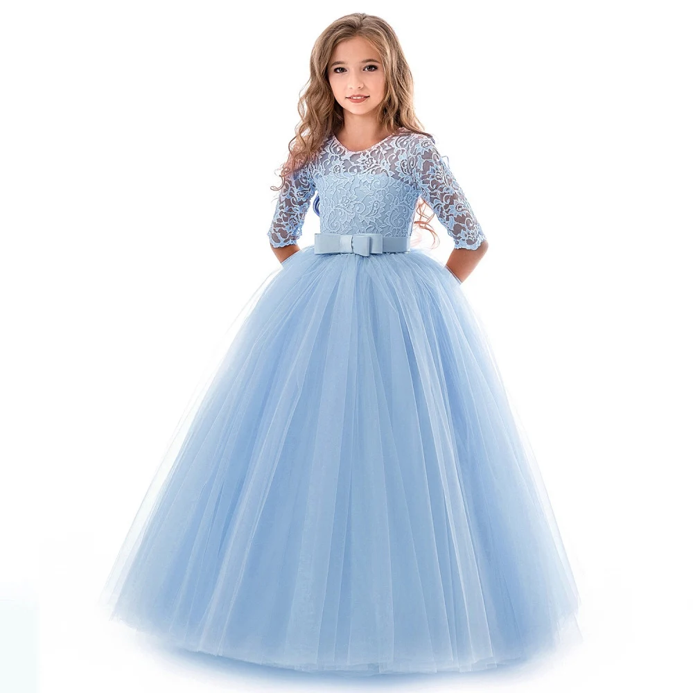 Детские вечерние платья; элегантное платье принцессы для девочек; коллекция года; Летние Детские платья для девочек; костюм с цветочным узором; свадебное платье для девочек - Цвет: Sky blue