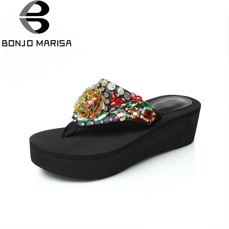 

BONJOMARISA New Best Quality Wedges Flip Flops Ethnic Style String Bead Shoes Woman Casual Summer Slippers Big Size 33-40