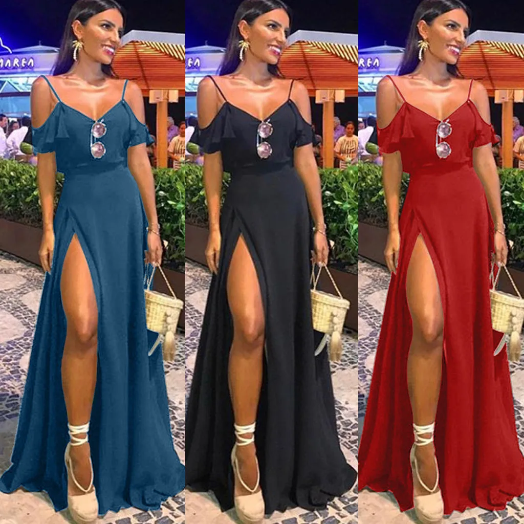 

New Sexy Dress Women 2019 Summer Boho Strappy V-neck Ruffle Split Long Maxi Party Beach Dress Vestidos Free Shipping