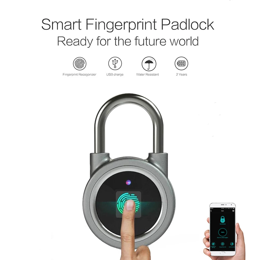 

Waterproof Keyless Portable Bluetooth Smart Fingerprint Lock Padlock Anti-Theft IOS Android APP Control Door Cabinet Padlock