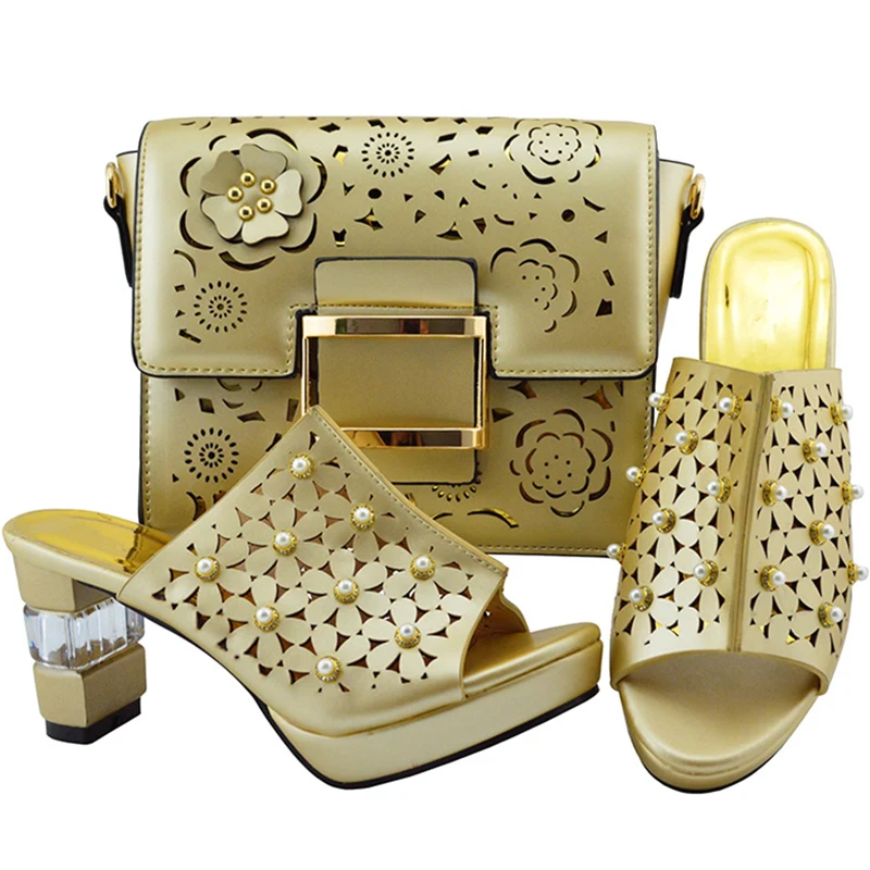Новое поступление, комплект из обуви и сумки, комплекты в африканском стиле г. Африканский женский итальянский комплект из обуви и сумки, украшенные стразами, обувь для вечеринок - Цвет: Золотой