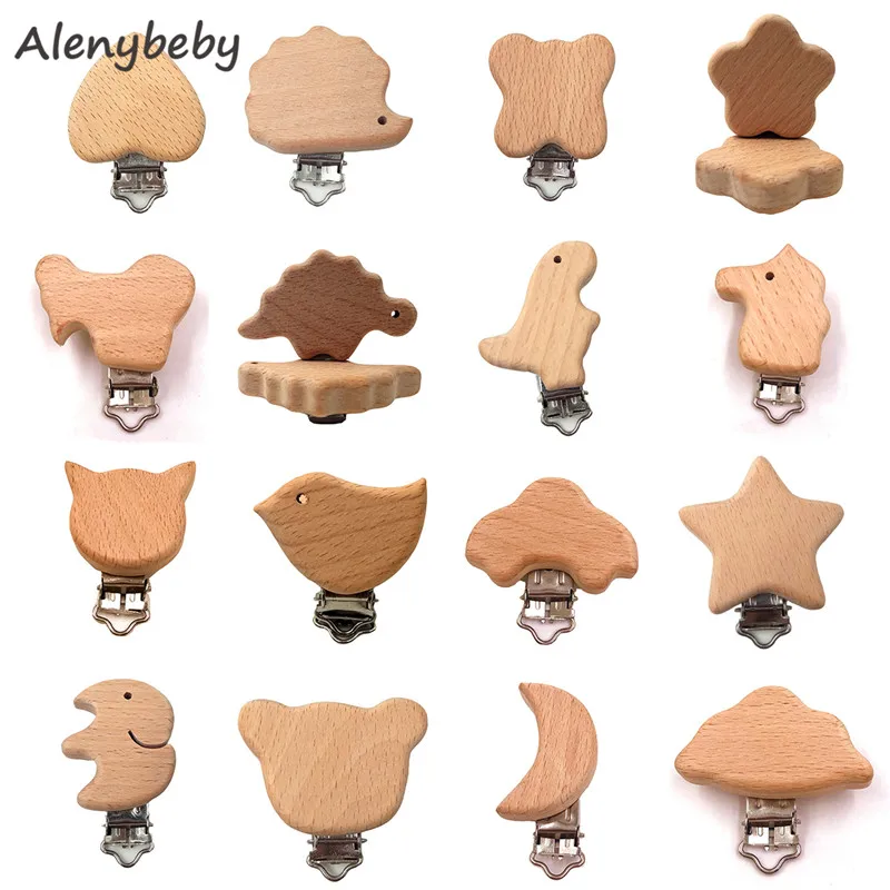 

10pc Beech Wood Baby Pacifier Clips Wooden Animal Pacifier Holder Natural Wood Dummy Clips DIY Pacifier Chain Accessory BPA FREE