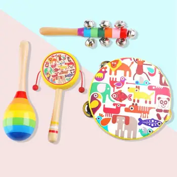 

4pcs/set Children Wooden Hand Drum Rattle Sand Hammer Musical Instrument Toy Kids Cartoon Animal Wood Handbell Set Educational