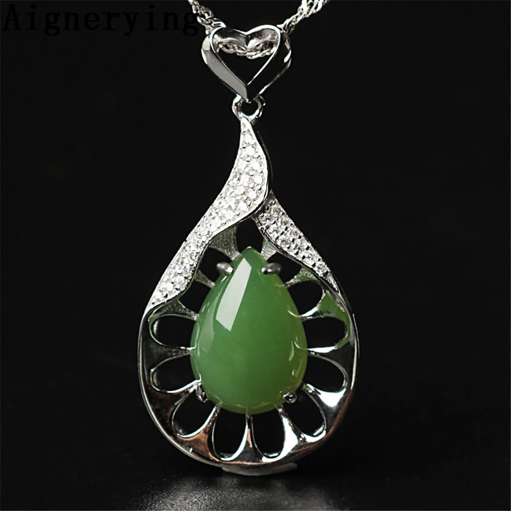 

Supply Vintage Pendant Sterling 925 silver Infinity Precious Certificate Green Jade Water droplets for Women/Men Necklaces