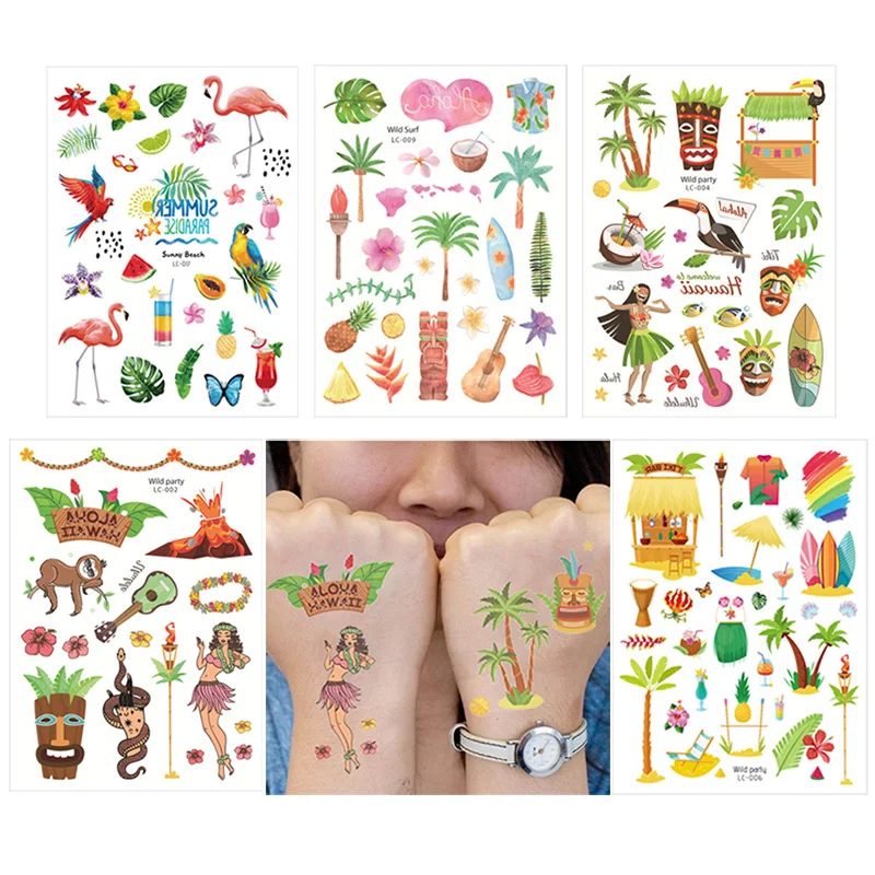 

1pcs Hawaii Tropical Party Tattoo Stickers Aloha Summer Party Decor Hawaiian Beach Waterproof Tattoo Supplies Kids Favor