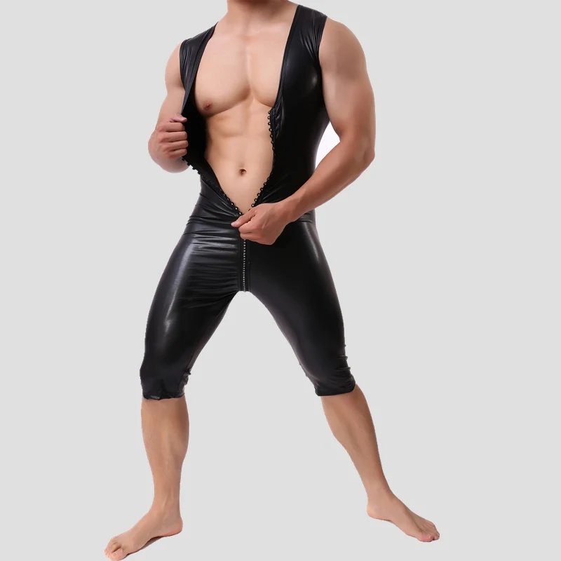 Сексуальное мужское цельнокроеное облегающее нижнее белье костюм на молнии кожаный костюм для бодибилдинга Боди мужские комбинезоны борцовка майка
