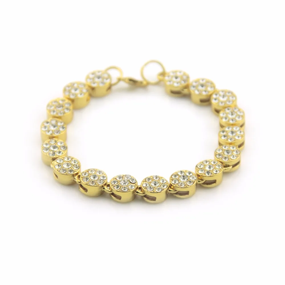 

Mens Gold Hiphop Bracelet Chain 1 Row Round Iced Out AAA Rhinestone Rosary Flower Bracelet Drop Shipping