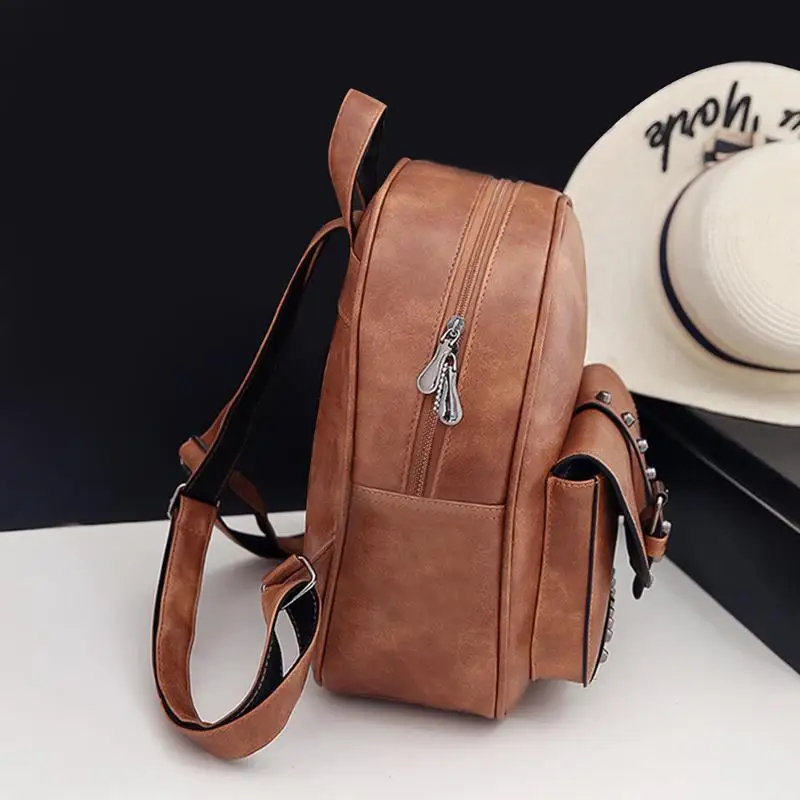 Mochila De 3 unids con remaches para mujer, con solapa sólida, bolsillo, cremallera, Casual, compuesta, Mochila de cuero para adolescentes, Mochila femenina, saco a dos mujeres