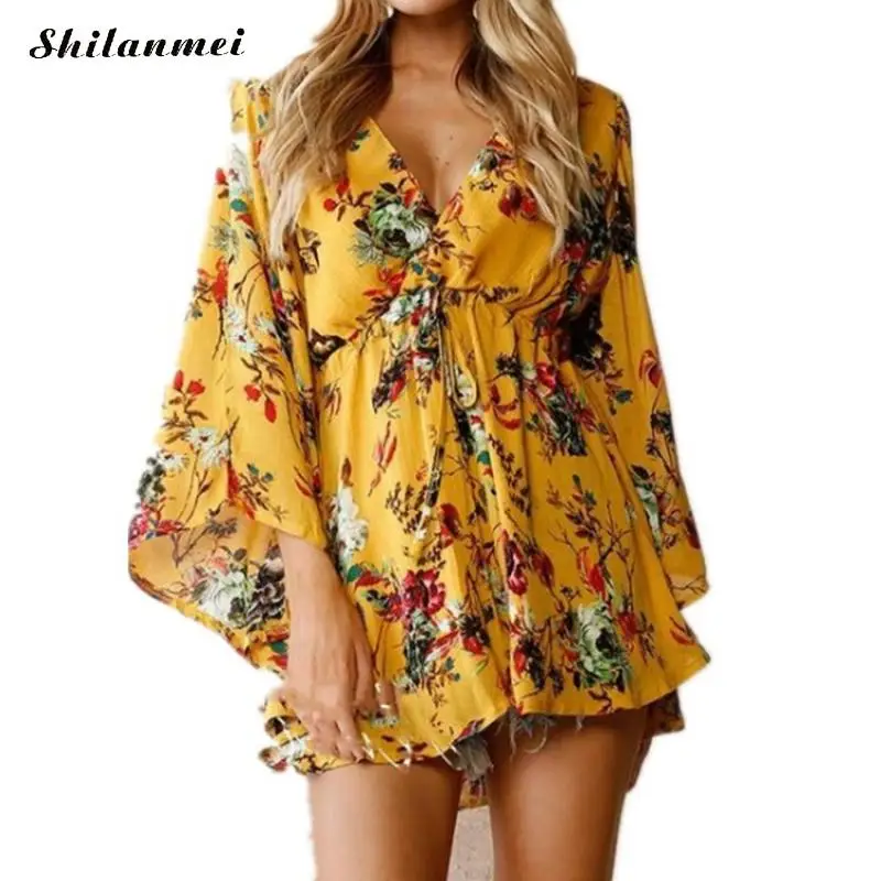 

Yellow Women Sundress Boho Floral Printed Summer Beach Dresses Fashion 2019 Female V Neck Loose Causal Mini Sexy Dress Vestidos