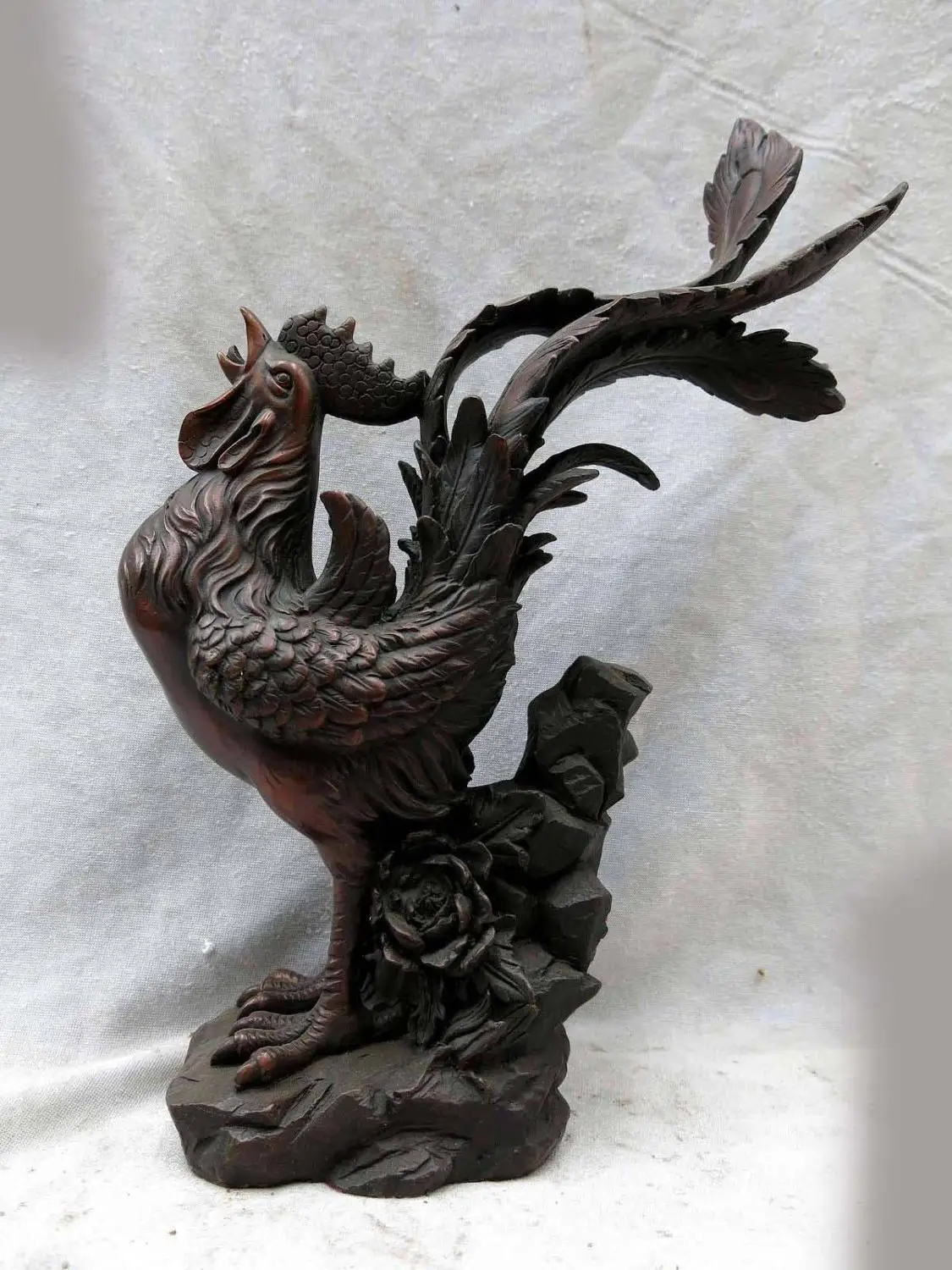 

12" China red bronze fine workmanship lucky rooster peony Sculpture Statue (D0426)