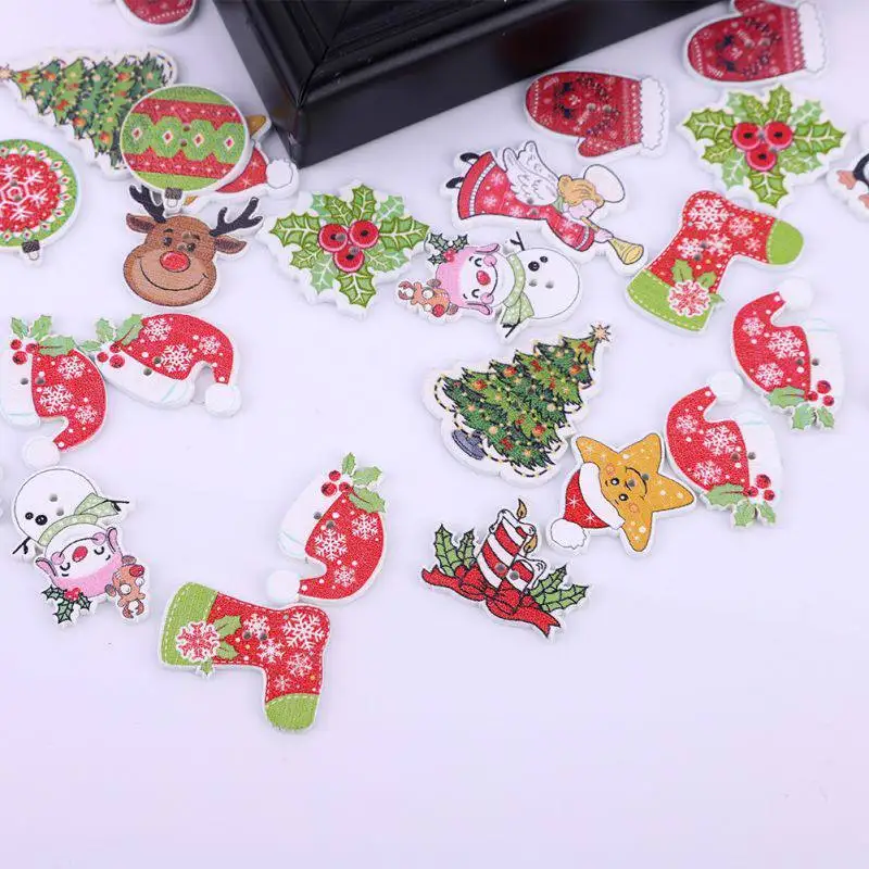 New 50Pcs Christmas Cartoon Pattern Wooden decorative Buttons For Scrapbooking Sewing Crafts Decoration