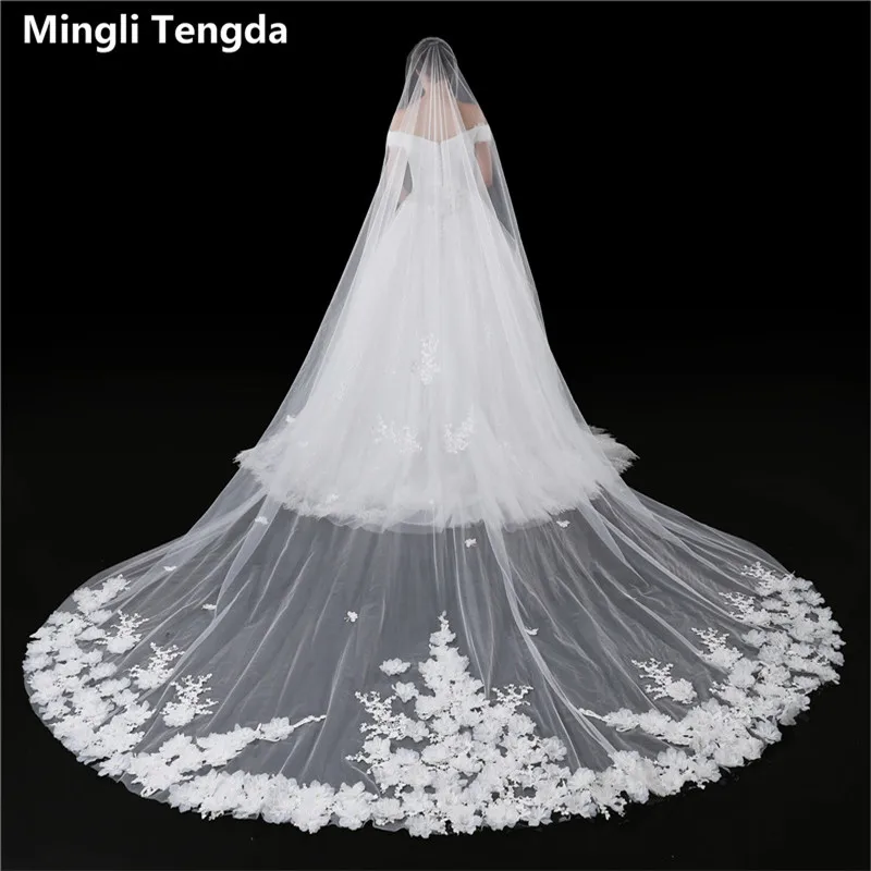 

Appliqued Wedding Veil 3M*3M Long Cathedral Veil Cut Edged Bridal Veils One Layer Ivory Velos De Novia Wedding Accessories Voile