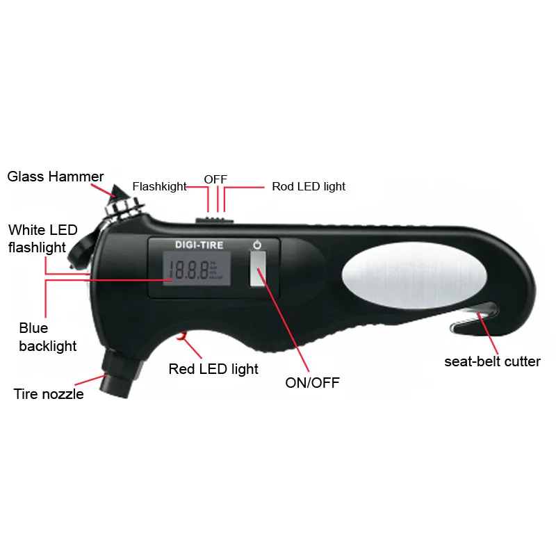 Цифровой воздуха Давление прибор Multi аварийный инструмент окно выключатель фонарик многофункциональный ремонт автомобильных шин инструменты автомобиль-Стайлинг
