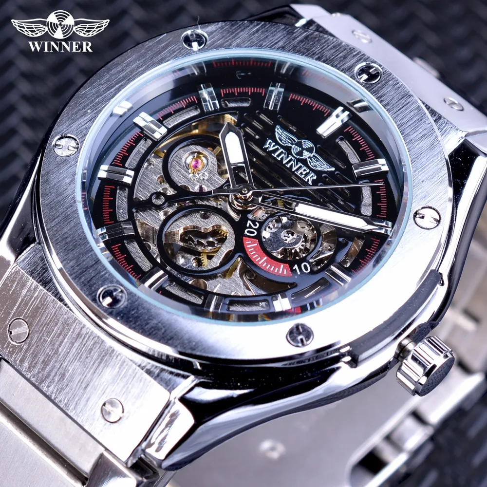 

Winner Metal Steel Series Men Military Sport Racing Design Transparent Creative Openwork Mens Automatic Skeleton Watches Luxury