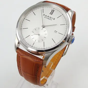 

2019 top Brand Luxury New 42mm parnis White dial Stainless Steel Case Date Brown Leather ST Automatic movement Men's Watch