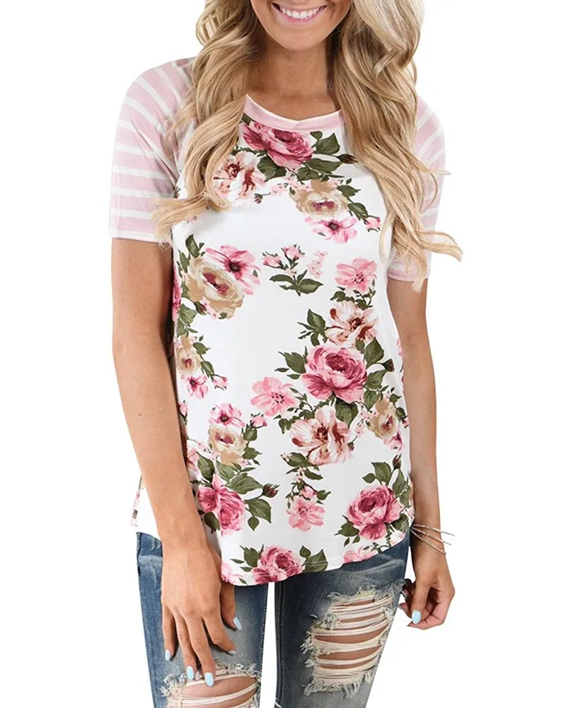 

Hitmebox 2019 New Summer Women's Striped Raglan Short Sleeve Round Neck Floral Frinted Fashion Casual Tops Flowers Tee Shirts