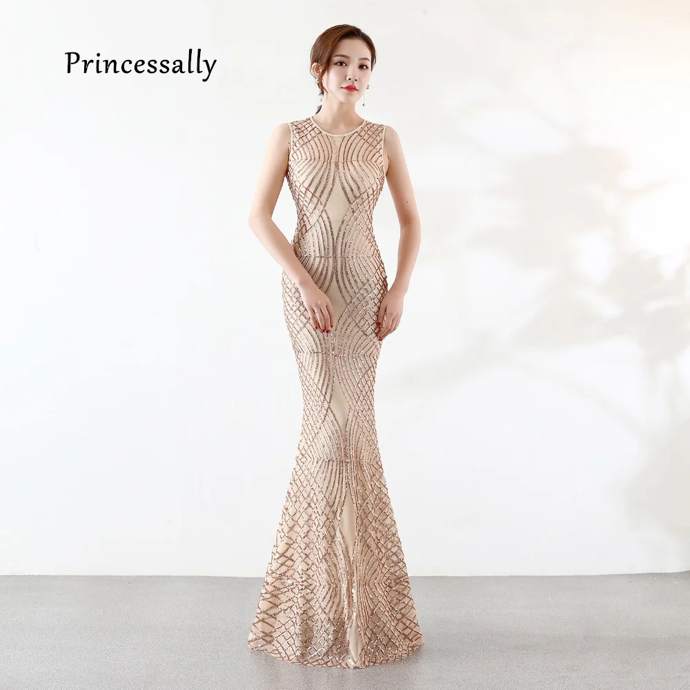 

New Gold Sequin Evening Gown Mermaid Strips Formal Banquet Dress for Mon Vestido Festa Longo Long Formal Evening Dress Cheap