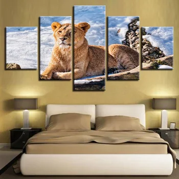 

Art Modern HD Printed 5 Pieces Animal Lion Snow Landscape Canvas Painting Modular Posters Living Room Wall Decor Picture Artwork