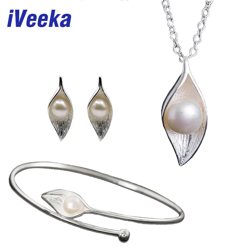 iVeeka Pendant Necklace Earrings Sets Freshwater Pearls Bangle Fine Jewelry Sets Silver Studs Earrings for Women