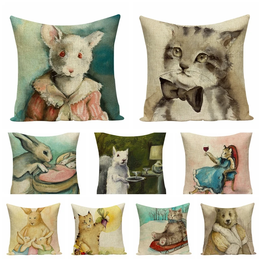 

Scandinavian Fairy Tales Cotton Linen Printed Pillowcase Cat Rabbit Cushions Decorative Pillow Home Decor Sofa Throw Pillows