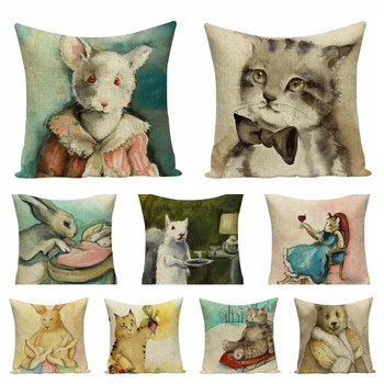 

Scandinavian Fairy Tales Cotton Linen Printed Pillowcase Cat Rabbit Cushions Decorative Pillow Home Decor Sofa Throw Pillows
