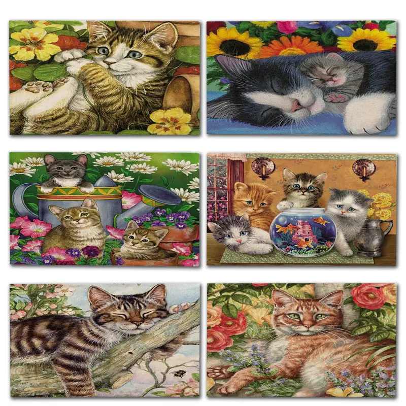 

1Pcs Cute Cat Flower Pattern Placemat Dining Table Mats Cotton Linen Drink Coaster Western Pad Cup Mat 42*32cm Home Decor MA0029