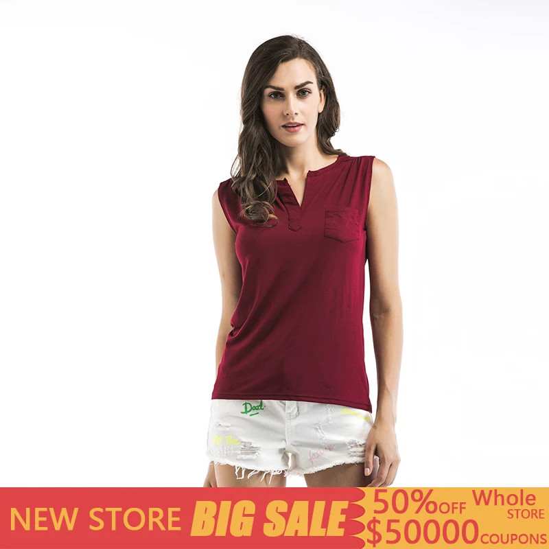 

New Summer Cotton Women Tops Wear Over Size Sexy V-Neck Sleeveless Pocket T-Shirt Camisetas Verano Mujer 2019 Top Clothes