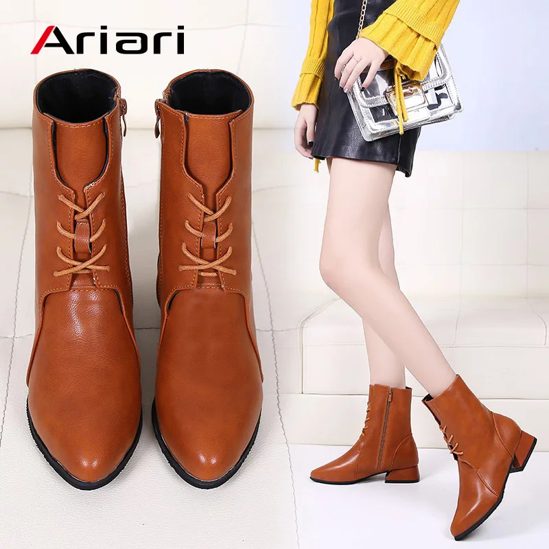

Ariari Fashion PU Leather Boots For Women Low Heels Mid-Calf Boots Spring Autumn Women Footwear Black Brown Shoes Drop Shipping