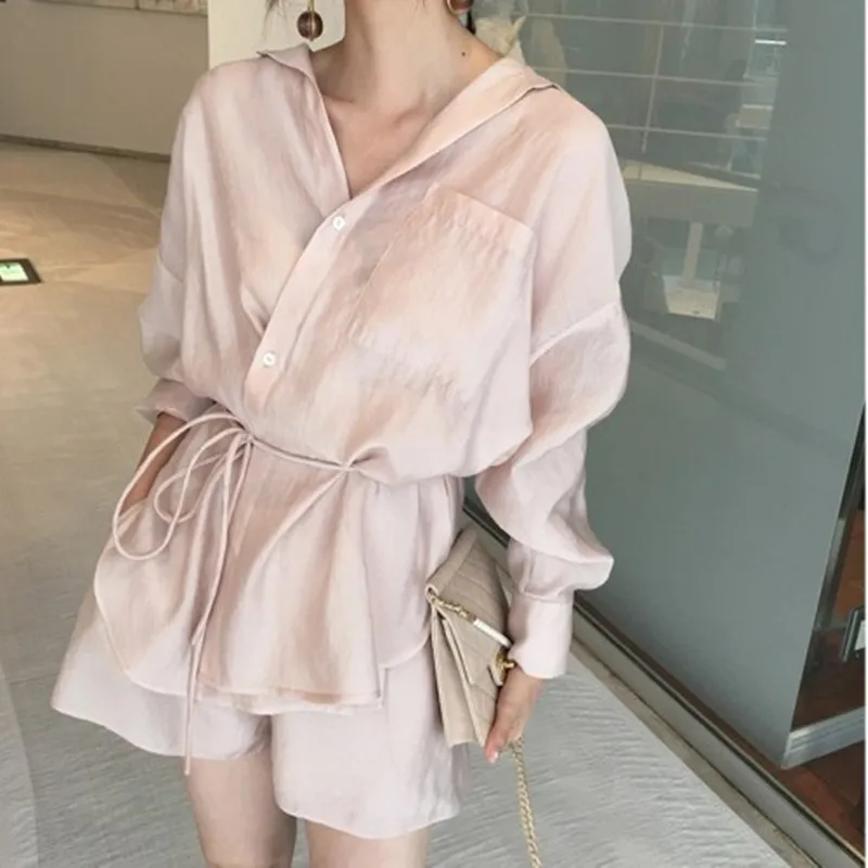 

High Quality Summer Women Lace up two piece set outfits Ice Silk Smooth Casual Solid Color Office lady pants suit set