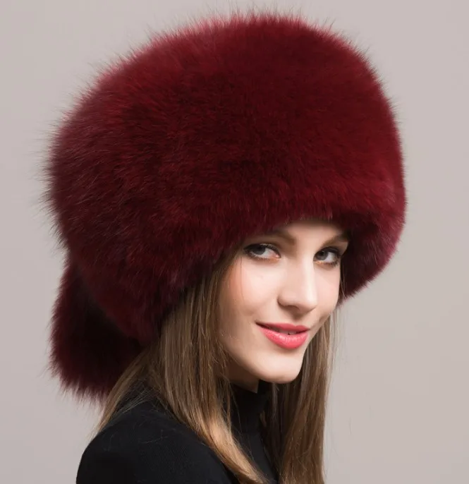 Новинка, женская шапка из натурального Лисьего меха, модная, теплая, зимняя, утолщенная, тёплая шапка, модная, для женщин, шапка-ушанка - Цвет: wine red