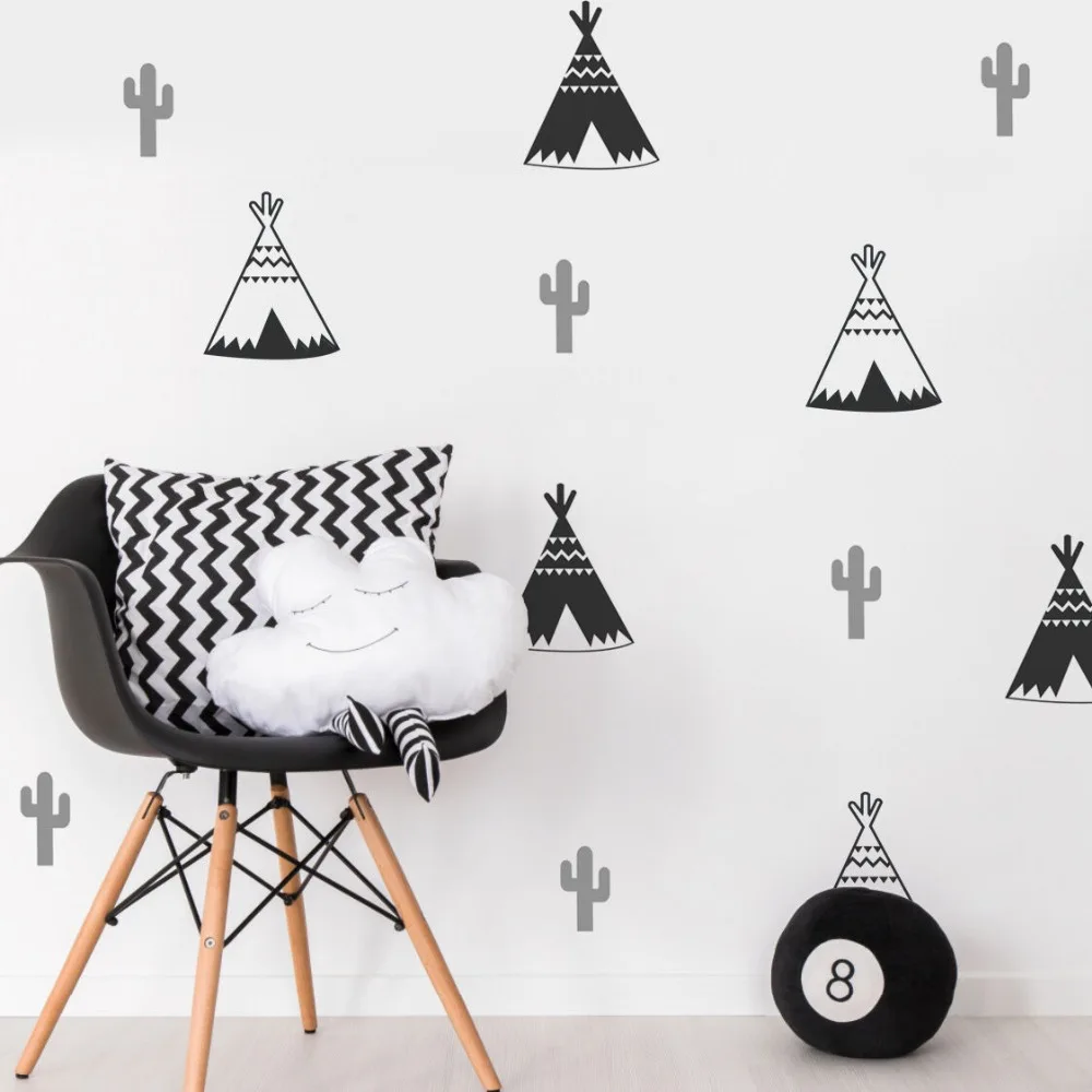55Pcs Cartoon Teepee Tipi Tent Cactus Wall Decal Kids Room Nursery Teepee Cactus Nature Plant Wall Sticker Bedroom Vinyl Decor (2)