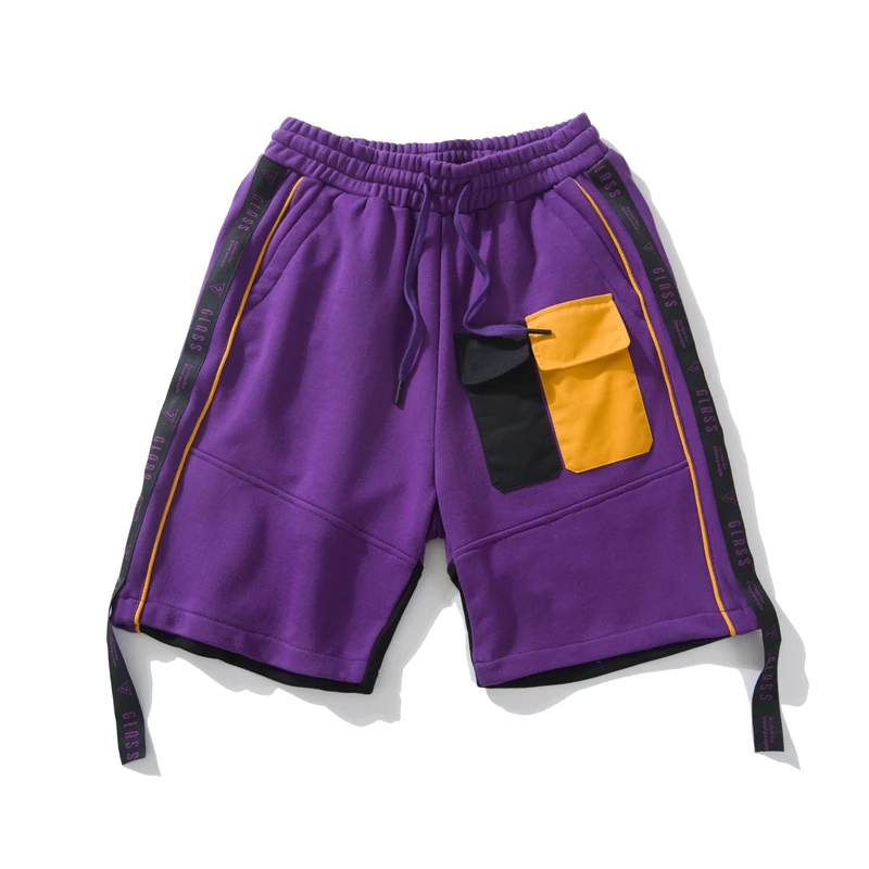 

Original Purple Yellow Color Block Cotton Terry Sport Streetwear Shorts For Men Ribbon String Hip Pop
