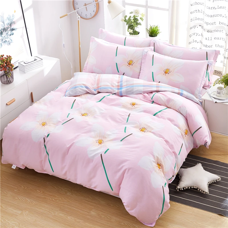 

Simple Style Lotus pattern 100%cotton King Queen twin Size 4pc pink plaid Bedding Set Duvet Cover Bed Linen Bed sheet Pillowcase