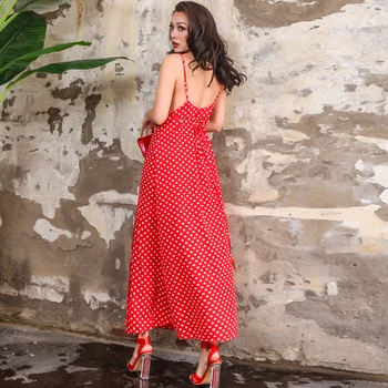

2018 Summer Vintage Backless Chiffon Long Dress Sexy Low Cut Adjustable Spaghetti Straps Cross Type Side Slits Dot Polka Dress
