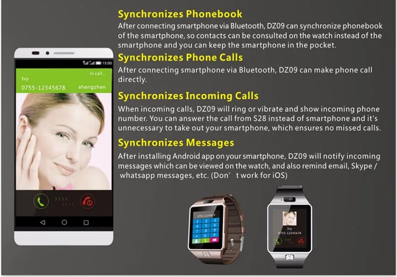 Оригинальные Смарт-часы с Bluetooth, звонки/SMS, sim-карта, камера, умные наручные часы для apple, Android, умные часы DZ09