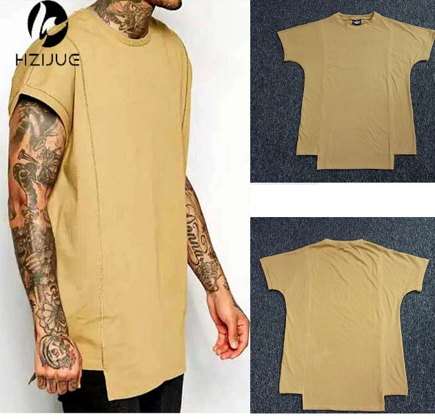 

HZIJUE Men Khaki Tyga T-Shirt Fashion Irregular Solid Cotton Swag Tops Hip Hop Rap Creative Justin Bieber Clothing