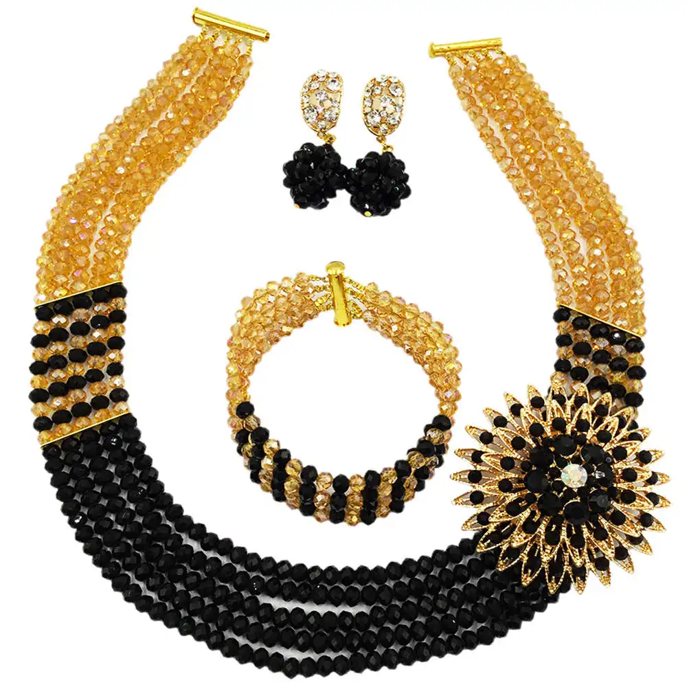 

Black Gold AB Crystal Beads Nigerian Wedding Necklace African Jewelry Set 5C-SXJB004