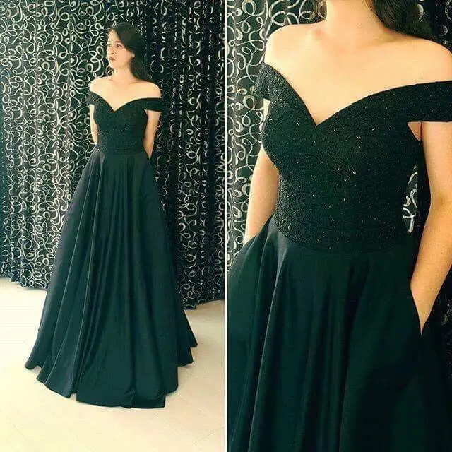 Elegant Green Long Beaded A-Line Evening Dresses Off the Shoulder Floor Length Robe De Soiree 2017 Prom Gowns Black Party Dress | Свадьбы и