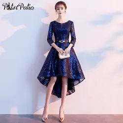 Новинка 2019 года блестками темно-синий элегантные платья для выпускного О-образным вырезом Высокая Низкая Выпускные платья плюс размеры с